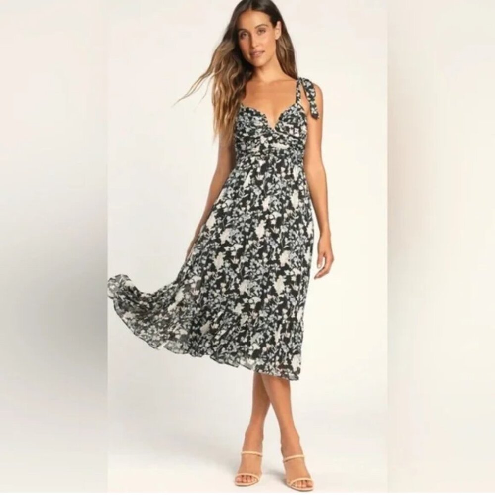 Lulu's Lush Loveliness Black Floral Lurex Tie-Strap Midi Dress